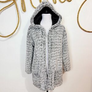 NWT Pink Rose Cozie BLACK/IVORY FROSTY faux fur open hooded cardigan size medium